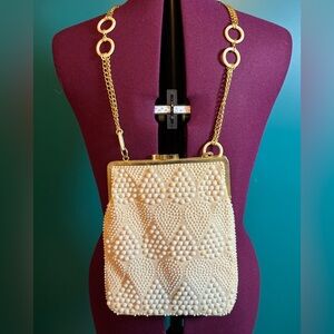Cream and Gold Beaded Clutch Purse Vintage with Intricate Pattern Chain Strap